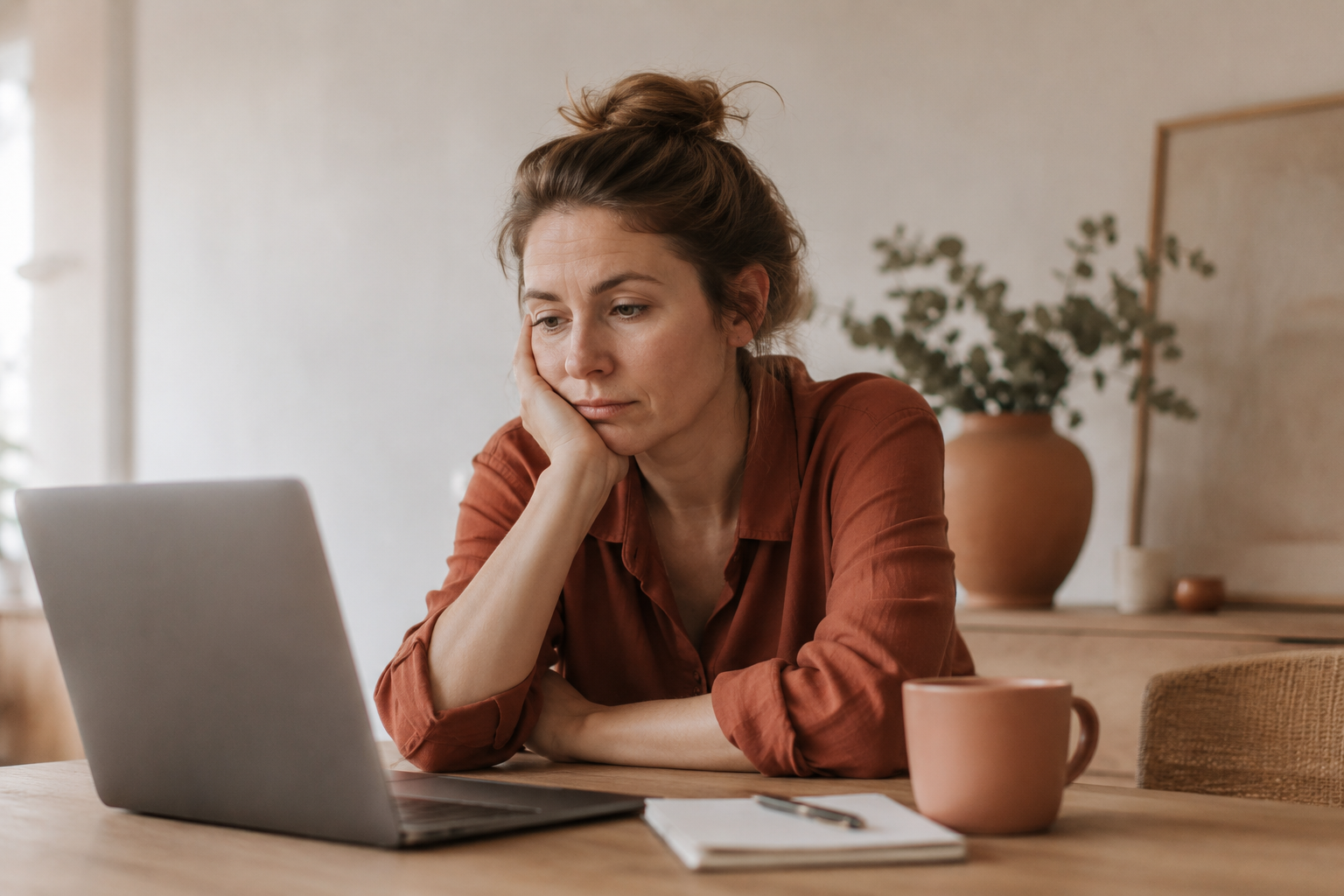 vermoeide vrouw, opgebrand, achter haar laptop aan het bureau